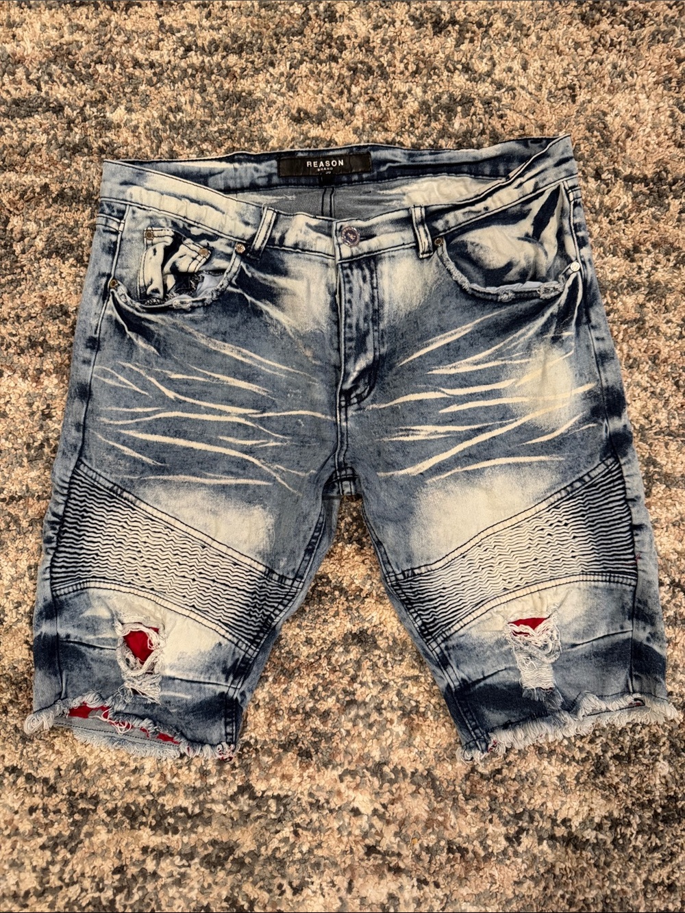 Reason Men's Faded Blue Distressed Denim Shorts with Red Underlay